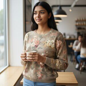 Mardel Handcrafted Womens Small Beige Floral Round Neck Sequin Sweater Size S